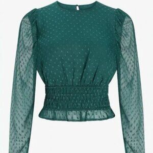 Express Green Clip Dot Puff Sleeve Crew Neck Top, Size XXS
